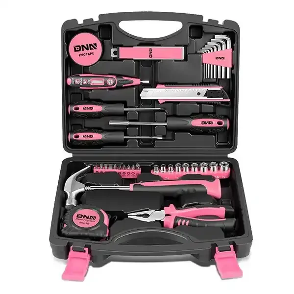 46 Pieces Household Hand Tool Kit with Toolbox (Pink)