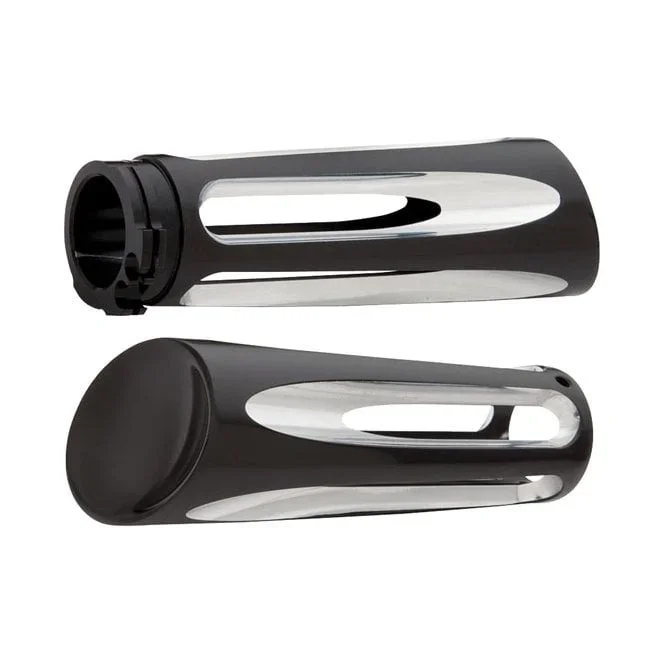 Arlen Ness billet Deep Cut handlebar grips. Black 74-21 H-D with single or dual throttle cables (excl. Street)