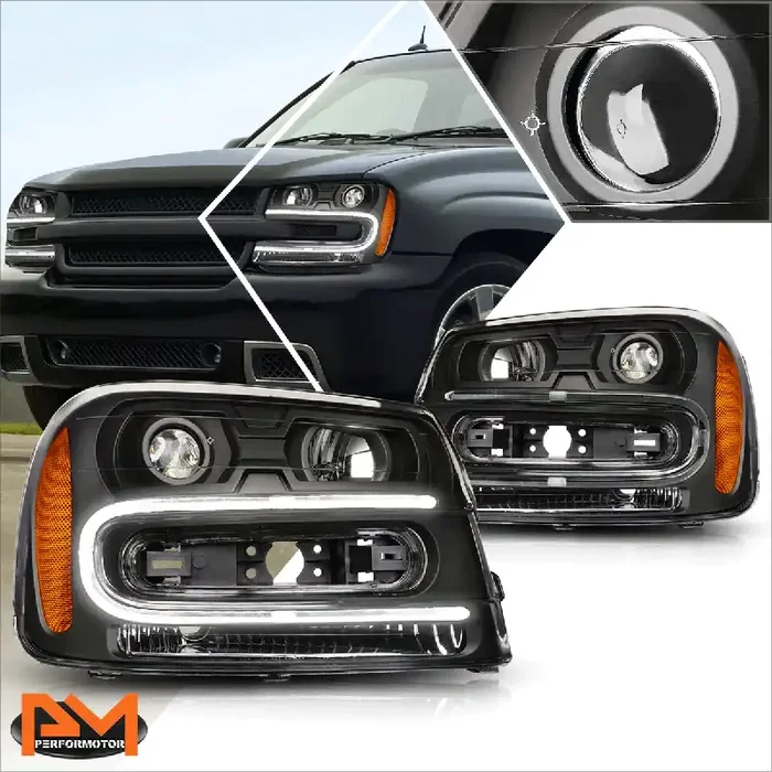 Black Housing LED DRL Projector Headlights 02-09 Chevy Trailblazer