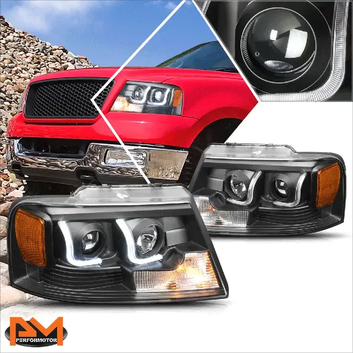 Black Housing LED DRL Projector Headlights 04-08 Ford F-150