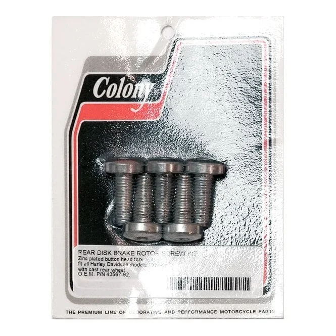 Colony front/rear brake rotor bolt kit. Button head torx Rear: 92-21 B.T.; 92-21 XL; 02-17V-Rod models; 73-80 FX. Front: 73-84 FL.