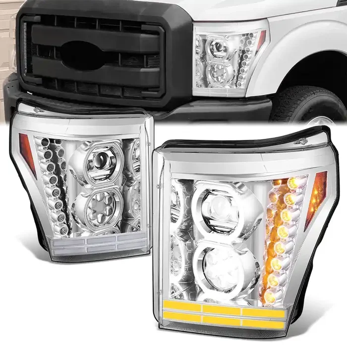 LED DRL Halo Ring Sequential Turn Signal Projector Headlights 11-16 Ford F-250 Super Duty