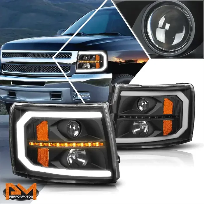 LED DRL Sequential Projector Headlights 07-14 Chevy Silverado 1500 2500 3500/ HD