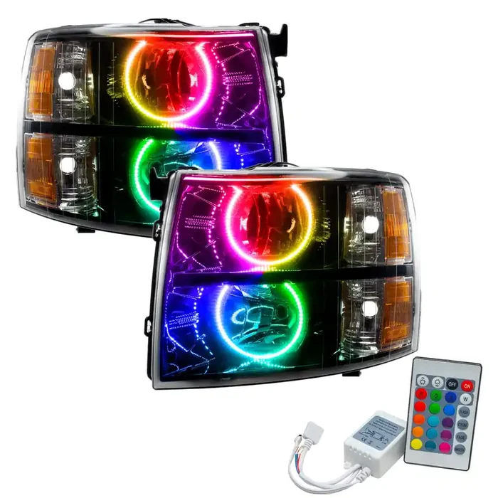 Pre-Assembled LED Halo Headlights with Round Style Halos (Black Housing) 07-13 Chevy Silverado
